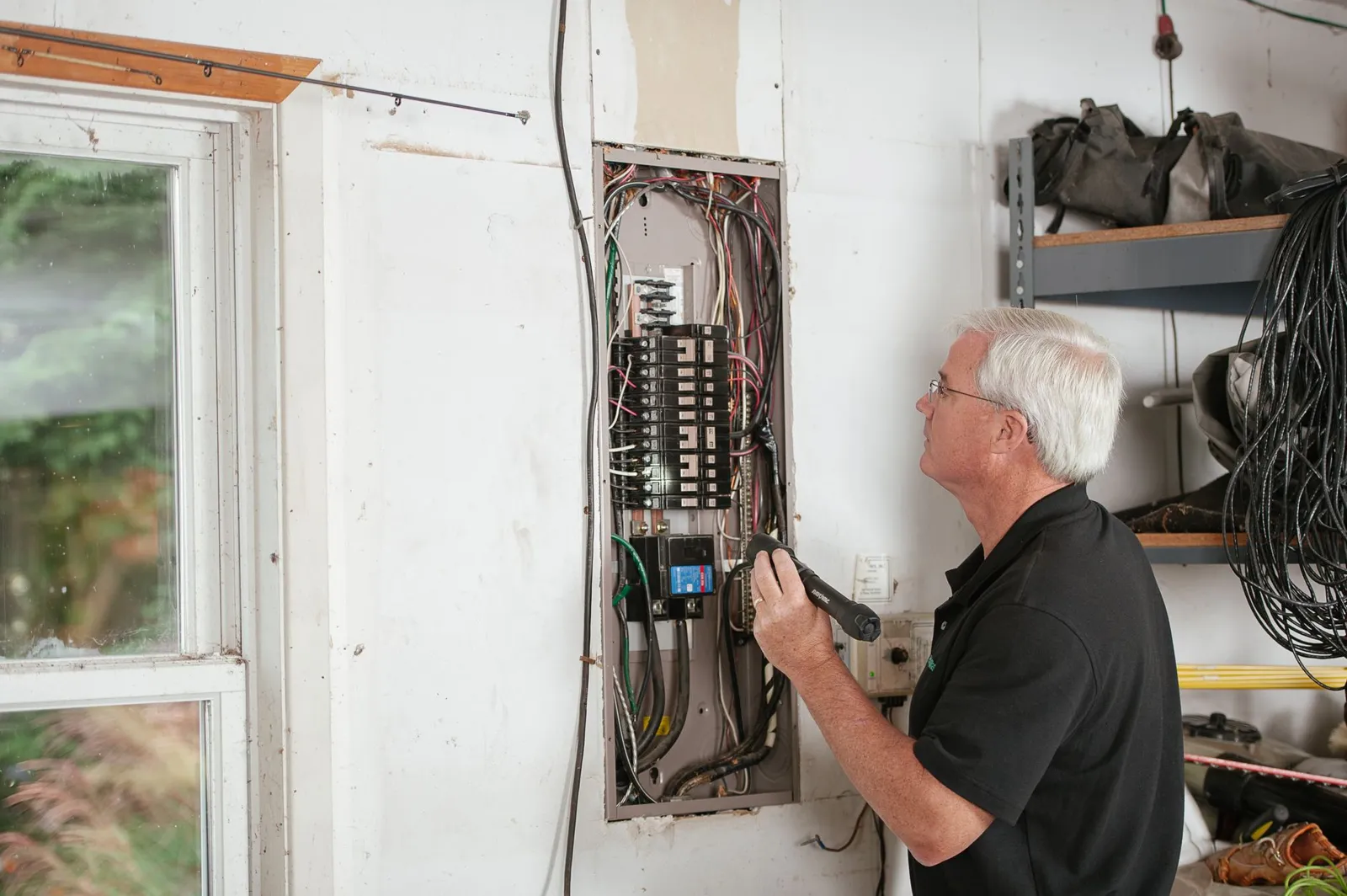 Electrician checking wiring at a home breaker panel